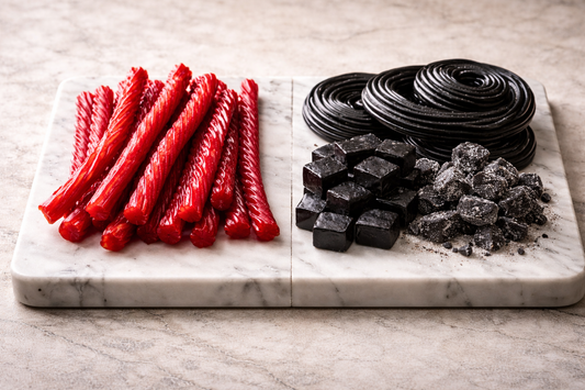 Comparison of American licorice twists and European licorice ropes on tasting board