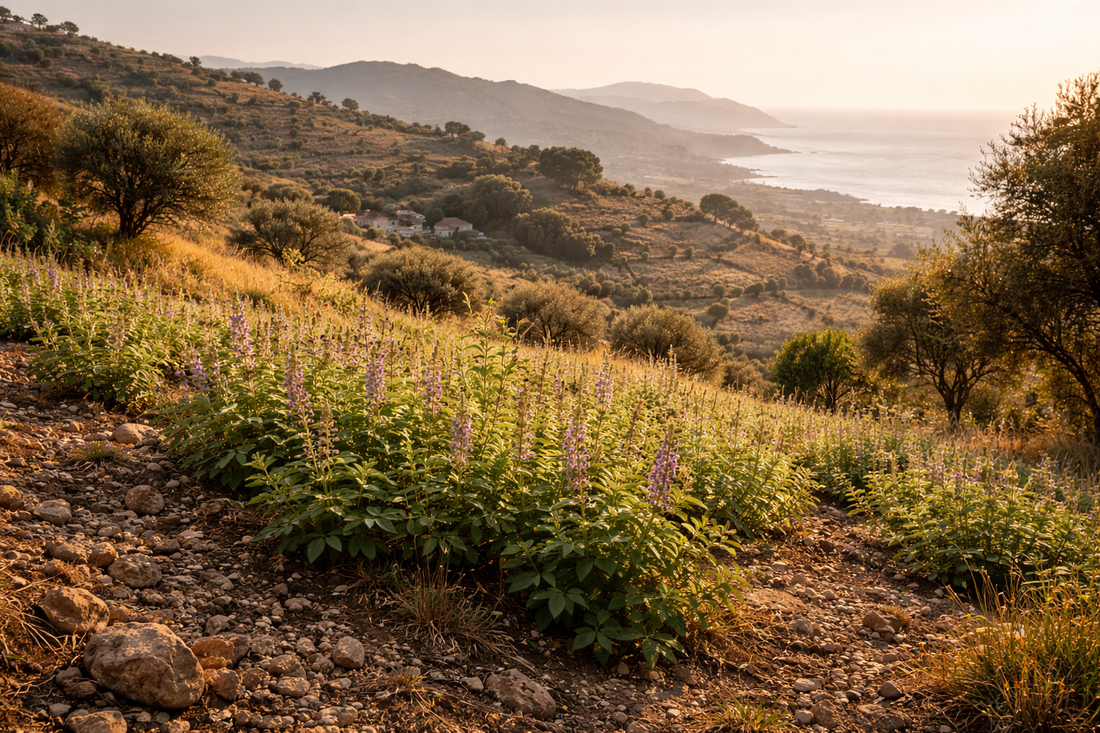 Mediterranean landscape in Calabria, Italy where licorice plants grow in warm mineral-rich soil